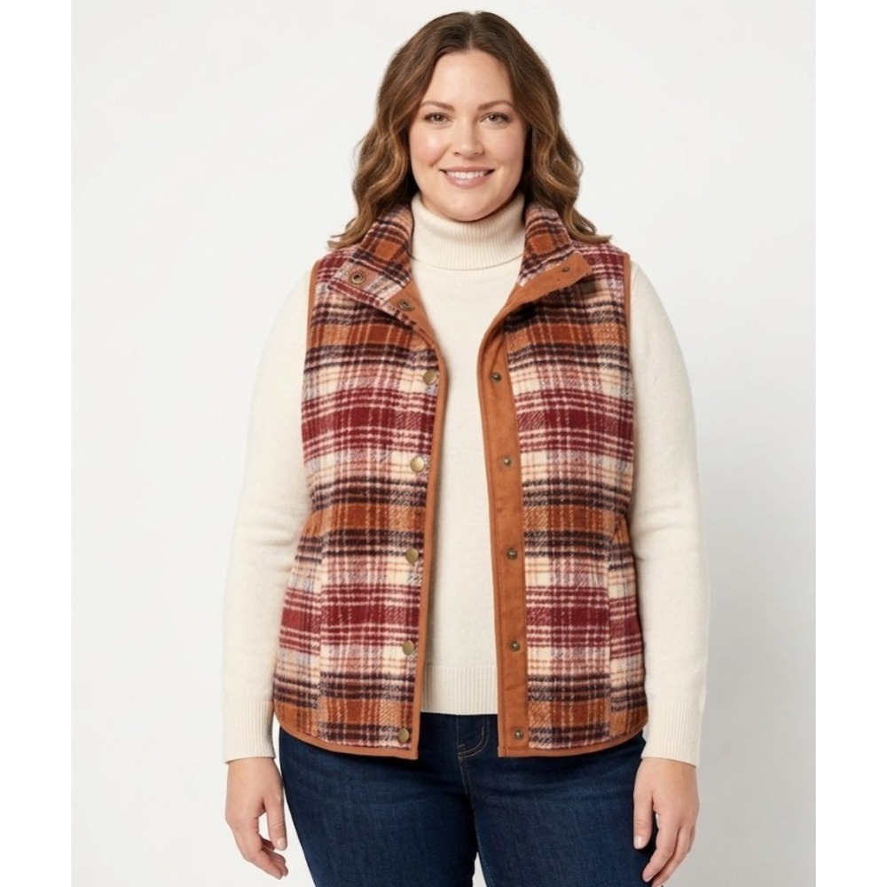 New Natural‎ Reflections size XXL Mocha Red Lined Plaid Vest Wool Blend